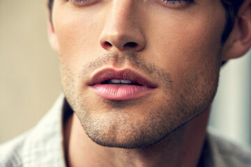 Fototapeta premium Close-up of a man's lips. Beautiful skin. Lipstick. Makeup. Cosmetics. Skincare. Men's cosmetics.
