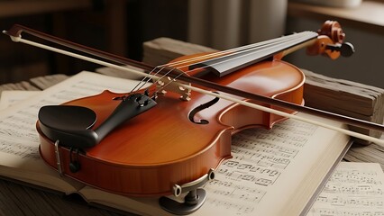 Fototapeta premium Violin and bow on sheet music.