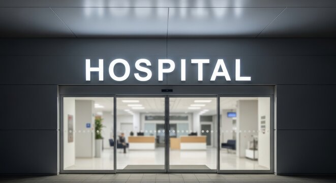 Ultra high resolution professional editorial photograph of a modern hospital main entrance at night with bold white HOSPITAL sign, automatic sliding glass doors, and minimal architecture