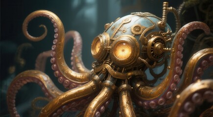 Obraz premium Steampunk octopus with mechanical tentacles in detailed fantasy