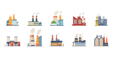Industrial Factory Building Icons Set  Manufacturing Plant, Power Station & Warehouse Vector Illustration