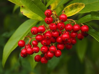 Fototapeta premium Vibrant Red Berries on Green Leaves in Nature Closeup