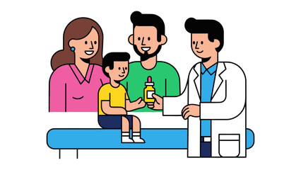 Fototapeta premium Consultation and Care: Illustration of a doctor interacting with a family, focusing on healthcare and well-being. A warm, welcoming scene depicting care, communication.