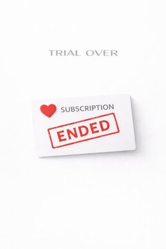 Trial over concept with subscription card stamped ended on white background, minimal 3D illustration with copy space