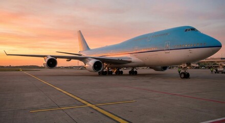 Jumbo Jet Airliner on Airport Tarmac at Sunset with Warm Sky and Clouds Capturing the Beauty of Aviation and Travel