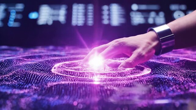A hand with a metallic cuff on the wrist reaches out to touch a vibrant, purple and blue digital surface that resembles a futuristic interface