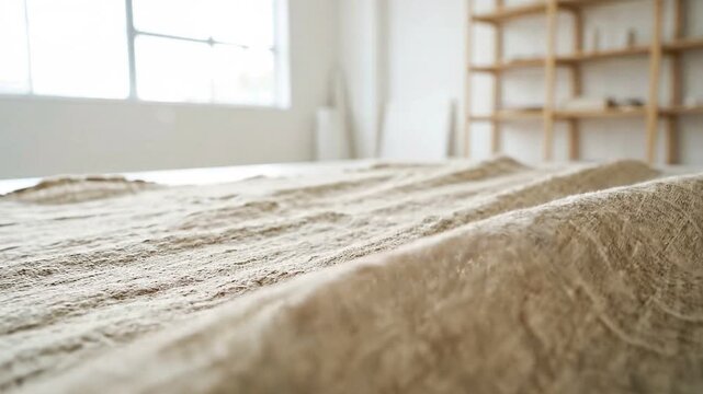 Macro detail of sustainable hemp linen fabric texture with gentle movement
