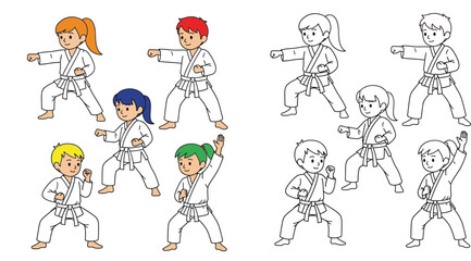 Cute cartoon children practicing karate and martial arts poses. Vector illustration set of happy boys and girls in white uniforms punching and blocking. Includes black and white coloring page outline. © SHOHAG
