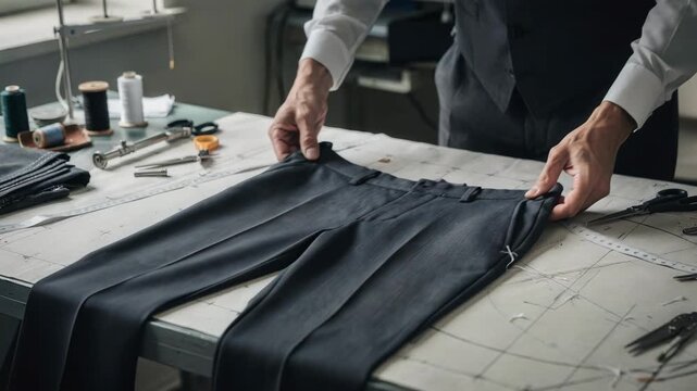 Medium shot of a tailor skillfully forming a suit trouser waistband carefully aligning fabric edges for a smooth precise fit during garment assembly.