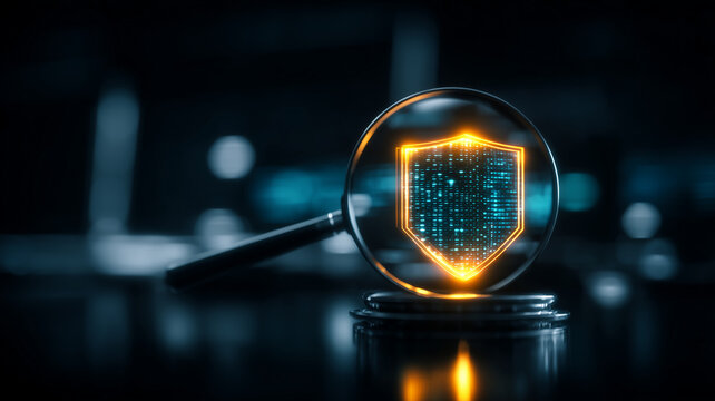 Magnifying glass highlighting a digital shield, representing data protection and information security compliance.
