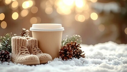 Cozy winter scene with warm drink and knitted boots in snow.