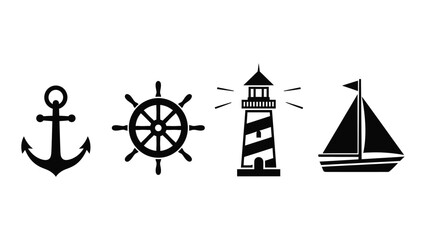 Nautical icons including an anchor, ship wheel, lighthouse, and sailboat Vector © MehediHasan