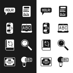 Set Foreign language online study, Hola different languages, Exam sheet, Translator book, Magnifying glass, Creative lamp light idea and Certificate template icon. Vector © vector_v