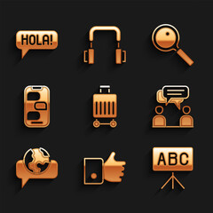 Set Suitcase, Hand like, Chalkboard, Two sitting men talking, Learning foreign languages, New chat messages notification, Magnifying glass and Hola different icon. Vector © vector_v