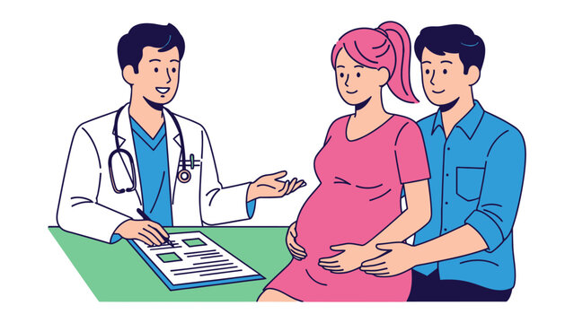 Antenatal checkup: A pregnant woman and her partner consult with a doctor during an antenatal checkup, highlighting the importance of prenatal care and the journey of parenthood.