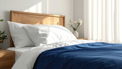Comfortable bedroom scene with sunlight streaming onto a neatly made bed.