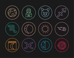 Set line Solar system, Comet falling down fast, Pig zodiac, Eclipse of the sun, Scorpio, Planet Mars, Sun and Astrology woman icon. Vector © vector_v