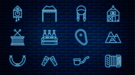 Set line Accordion, Mountains, Braid, Pack of beer bottles, Musical drum and sticks, Retro wall watch, Steak meat and Camping tent icon. Vector