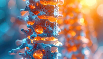 Abstract 3D rendering of a human spine with glowing blue and orange lights.