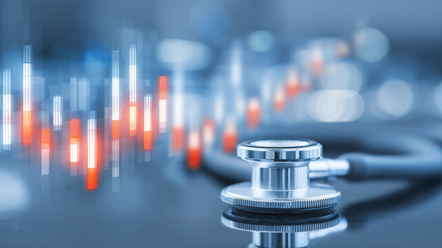 Stethoscope beside financial candlestick chart representing healthcare market analytics costs and risk.
