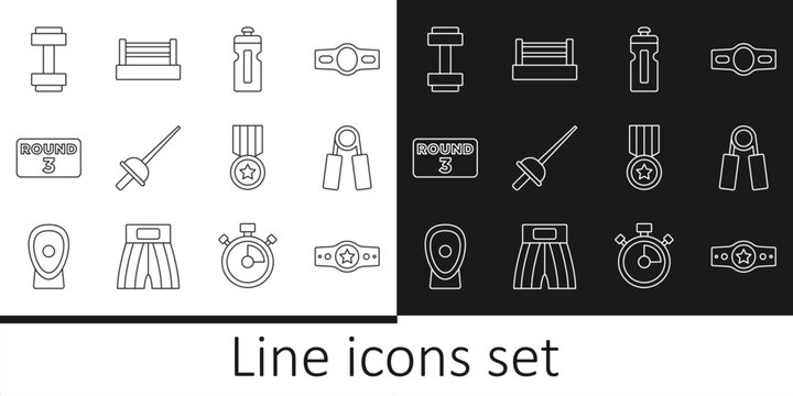 Set line Boxing belt, Sport expander, Fitness shaker, Fencing, ring board, Dumbbell, Medal and icon. Vector