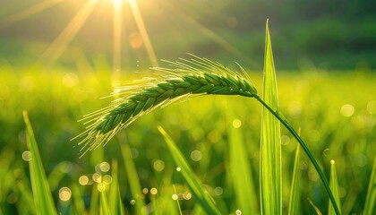 Golden sunrise illuminates a single green wheat stalk in a dew-kissed field.