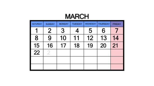 The calendar of March month 28th day is red circled, looped animation. A very important date in the calendar. Signing a day on a calendar. white background