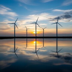 Wind turbines standing in water during serene sunset with vibrant sky and calm atmosphere