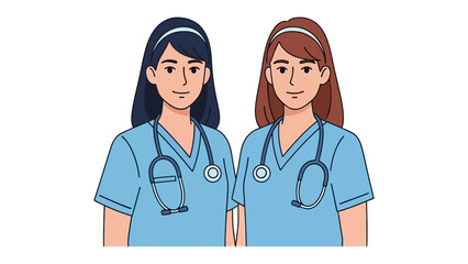 Fototapeta premium Healthcare Professionals: Two nurses, radiating competence and compassion, stand side by side, showcasing their dedication and empathy. Their scrubs and stethoscopes symbolize care. 
