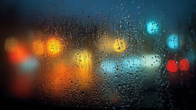Raindrops on window overlooking city lights at night. Artificial intelligence image