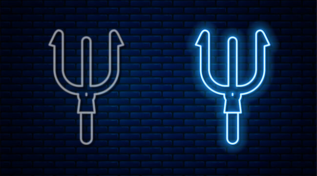 Glowing neon line Neptune Trident icon isolated on brick wall background. Vector