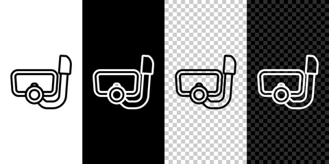 Set line Diving mask with snorkel icon isolated on black and white, transparent background. Extreme sport. Diving underwater equipment. Vector
