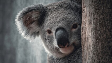 Obraz premium Koala Peeking From Behind Tree, Close-Up Portrait, Sleepy Expression