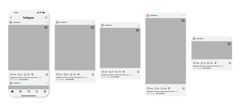 Instagram mobile app user interface vector template set. Collection of social media feed, post, and carousel screens in light mode on iPhone display.