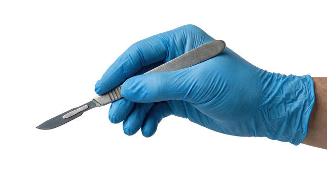 Gloved hand holding a metal scalpel in surgical grip