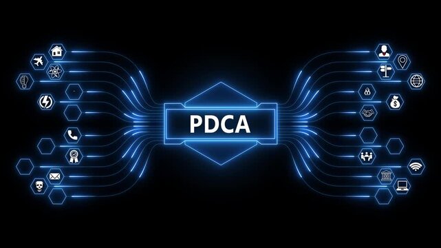 Abstract automation technology background. Business, Technology, Internet and network concept." PDCA" a crucial business strategy for workforce .4K black background visuals