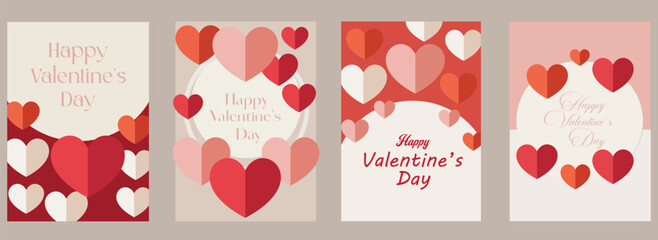 Happy Valentine&rsquo;s Day greeting card set with heart shapes, romantic love background collection, flat design holiday posters vector