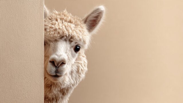 Alpaca Peeking Around Wall - Cute Portrait with Soft Fur

