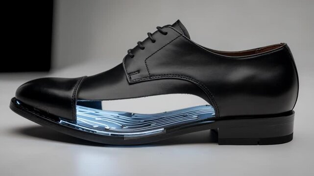 Medium shot of a dress shoe prototype featuring thin pressure sensors embedded in the insole for precise comfort and fit analysis during wear testing.