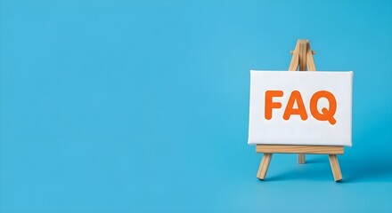 Information Support Center: FAQ text on white canvas easel against blue background, customer service help, frequently asked questions, communication and business assistance concept