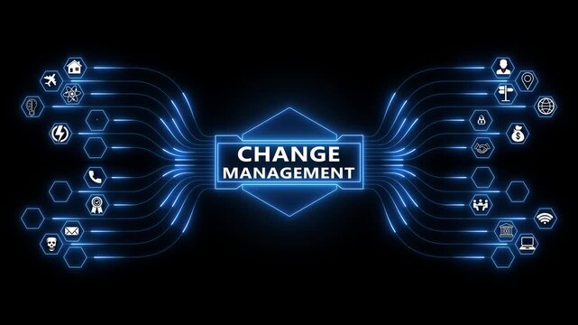 Change management network animation with glowing data connections and technology icons, digital transformation strategy and organizational process concept