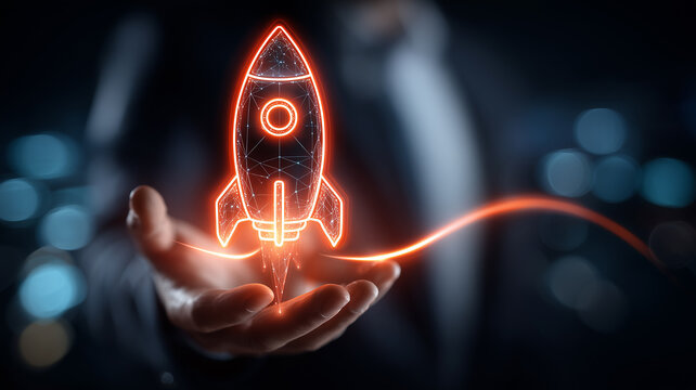Holographic rocket rising from open palm representing startup launch and business growth.
