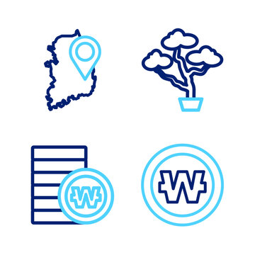 Set line South Korean won coin, Bonsai tree and map icon. Vector