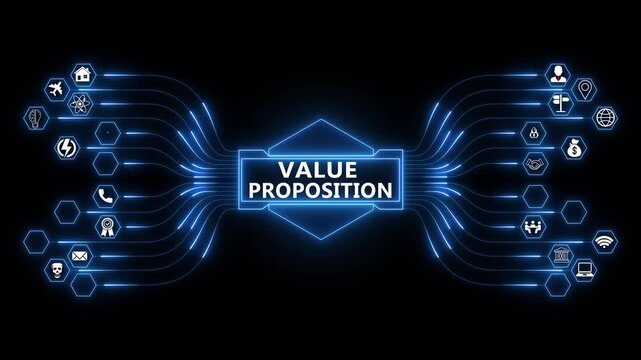 Value proposition network animation with glowing data connections and technology icons, digital business value creation and strategy concept