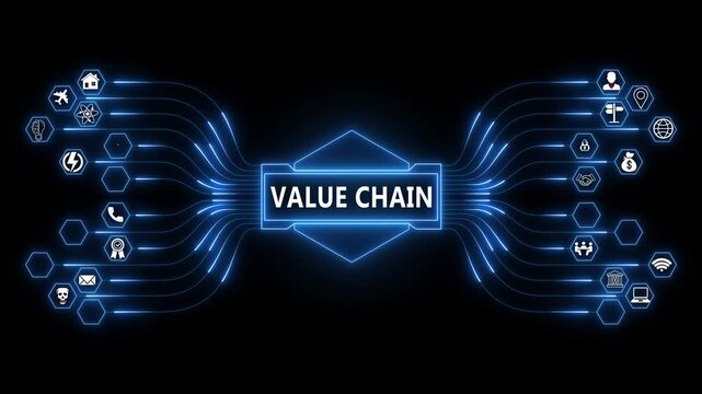 Value chain network animation with glowing data connections and technology icons, digital business operations and process flow concept