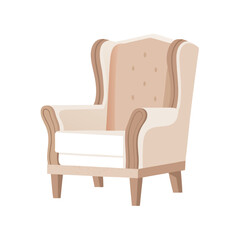 Fototapeta premium Cozy beige armchair with high backrest and wooden legs on white background for comfort and style.