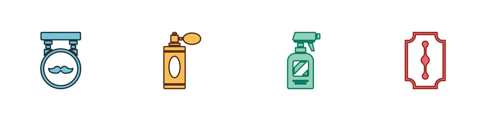 Set Barbershop, Aftershave bottle with atomizer, Hairdresser pistol spray and Blade razor icon. Vector