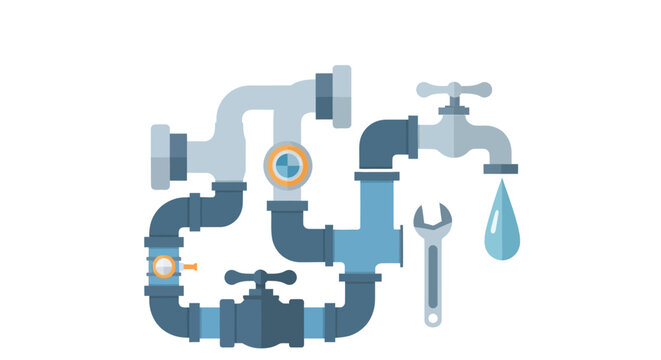 Stylized illustration of blue and gray plumbing pipes valves and a wrench