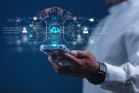 Concepts of artificial intelligence decision making, digital brain interfaces, data-driven strategic automation that visualizes processes, and intelligent enterprise technology.
