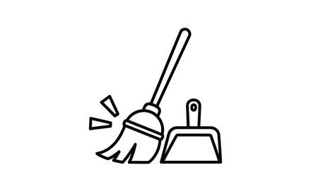 Fototapeta premium Simple line drawing of a broom and dustpan with scattered debris